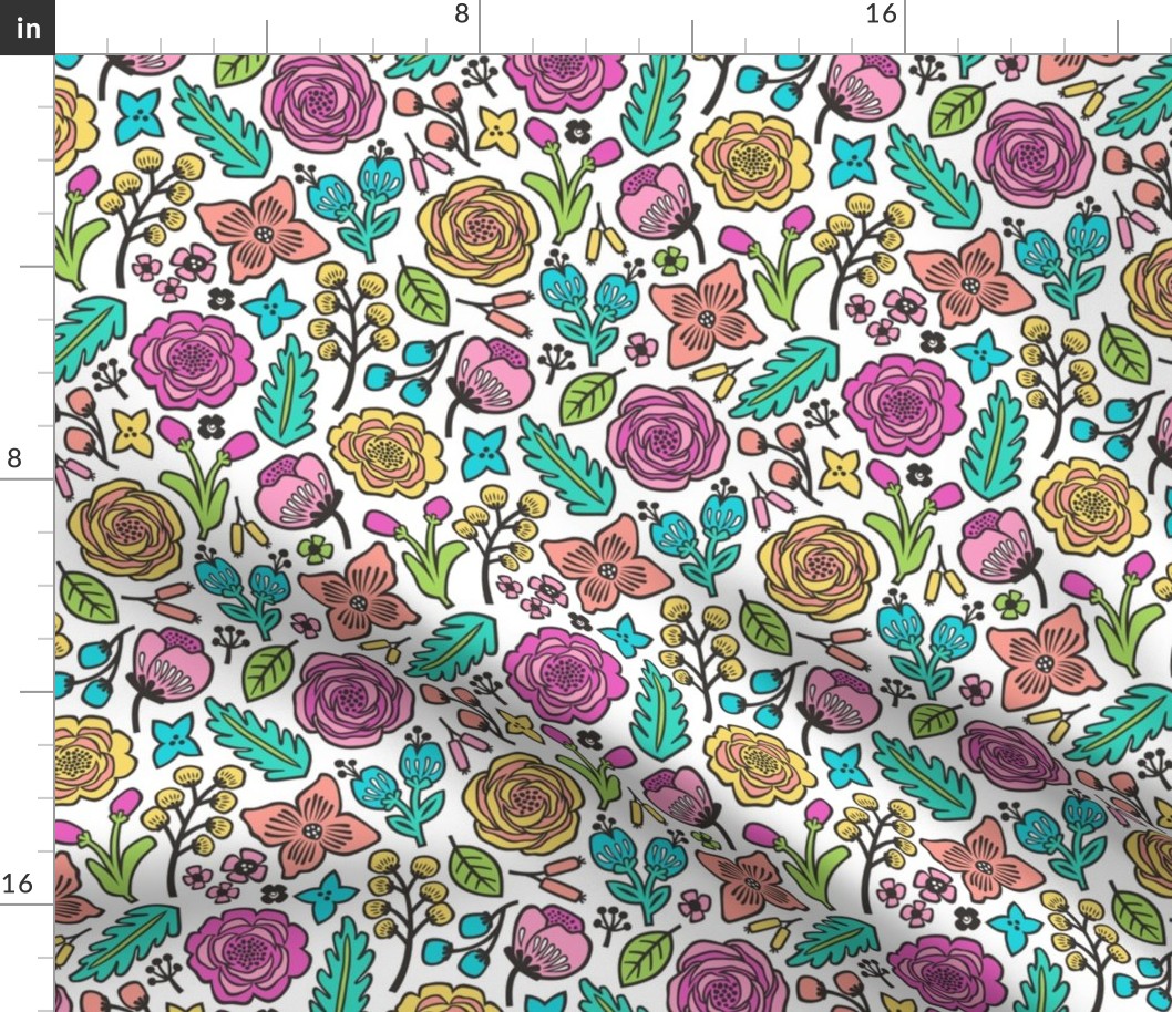 Flowers & Leaves Doodle Pink on White