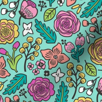 Flowers & Leaves Doodle Pink on Mint Green