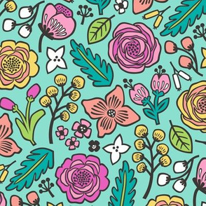 Flowers & Leaves Doodle Pink on Mint Green