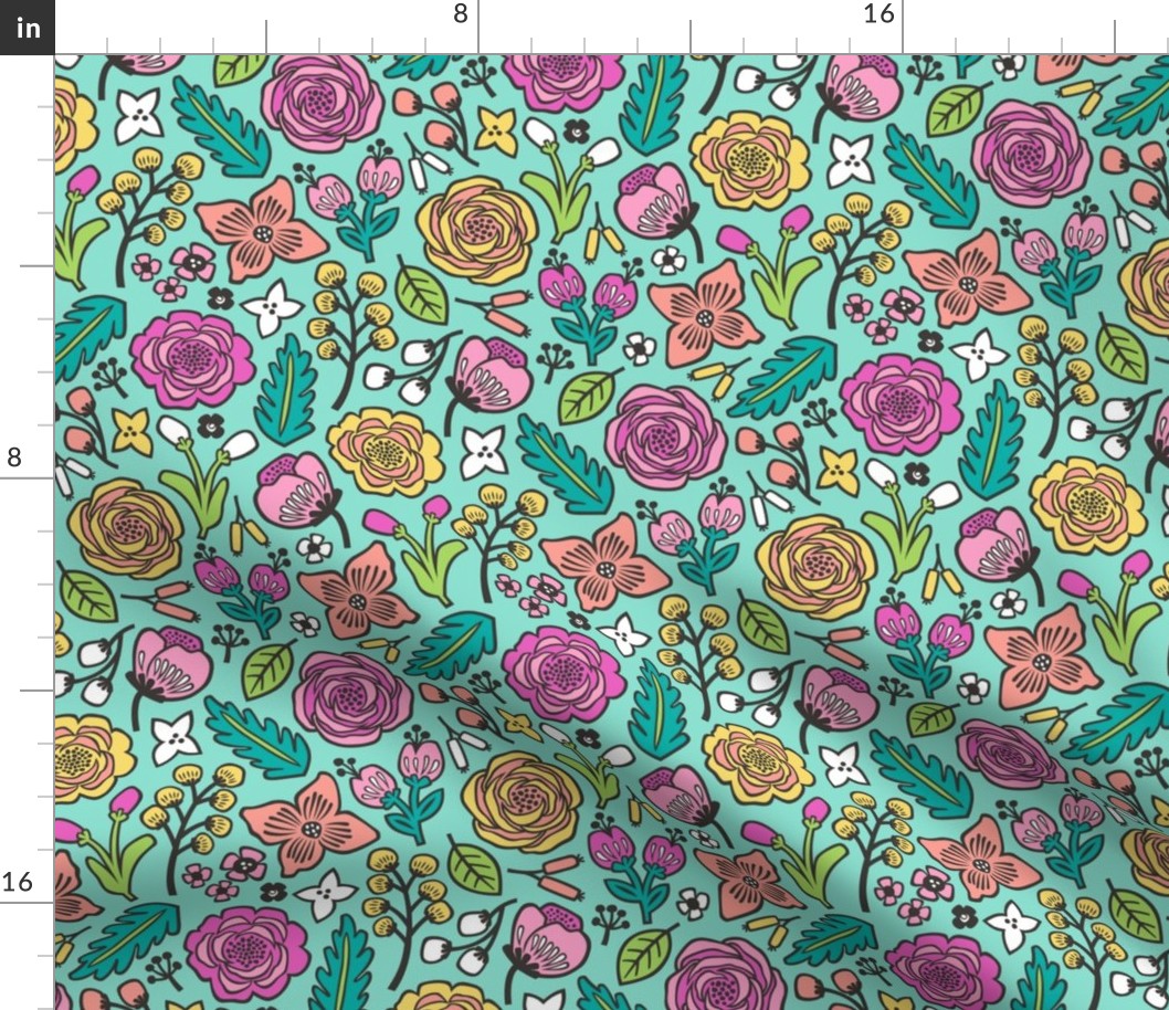 Flowers & Leaves Doodle Pink on Mint Green
