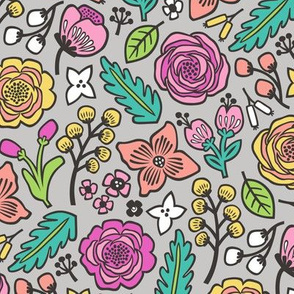 Flowers & Leaves Doodle Pink on Grey