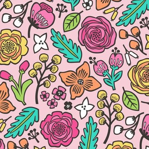 Flowers & Leaves Doodle Pink on Pink