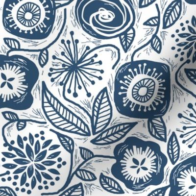 Linocut Leaves and Petals - Navy