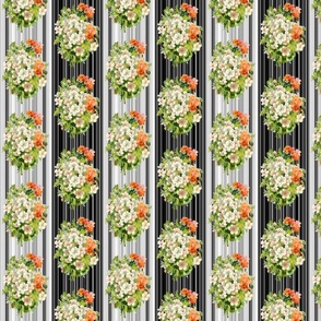 RETRO WHITE ORANGE FLOWERS STRIPES  SMALL BOUQUET PINSTRIPES BLACK AND WHITE BW