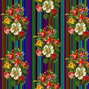 RETRO ROSES ANEMONES FUCHSIA FLOWERS SMALL BOUQUET MULTICOLOR PINSTRIPES BACKGROUND