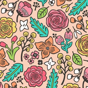 Flowers & Leaves Doodle on Peach