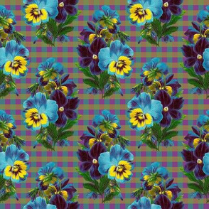 RETRO TURQUOISE PANSIES ON GINGHAM