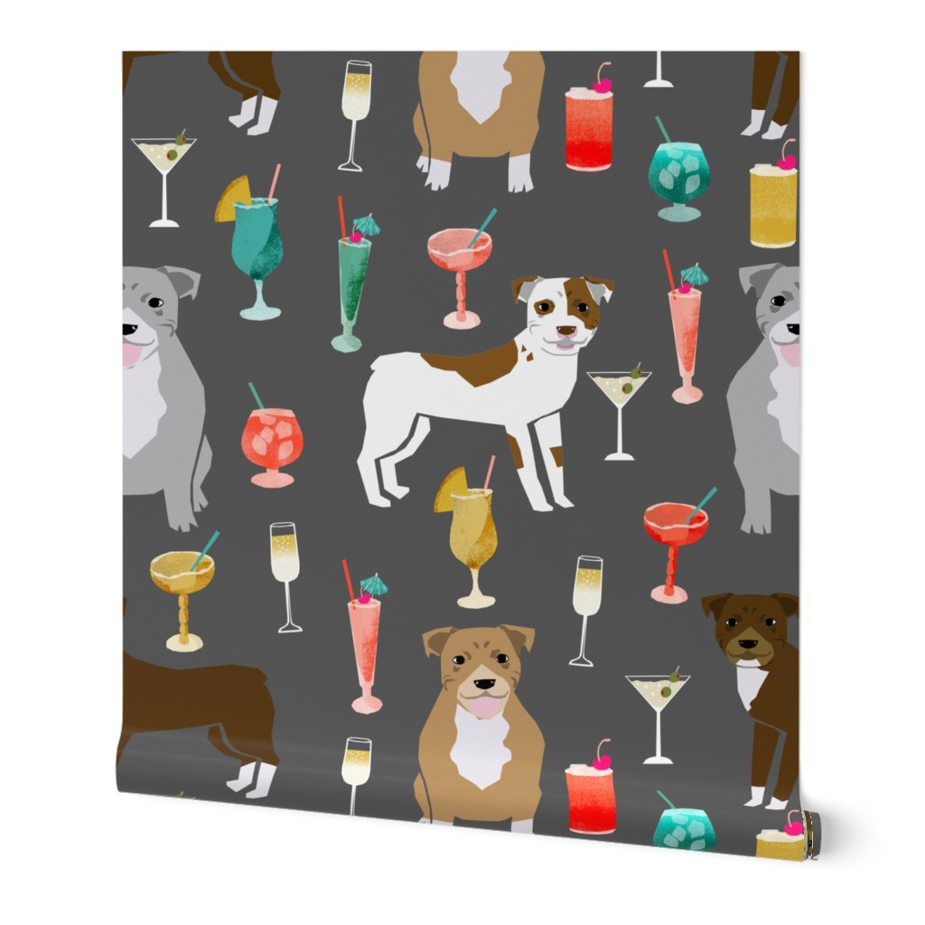 pitbulls cocktails fabric cute pitbull dogs and mixed drinks - grey