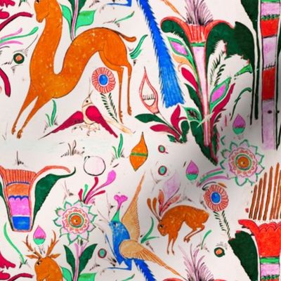 Otomi Animal folk art scene deer birds rabbit botanical 