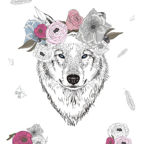 54"x72" Girl Wolf With Flowers