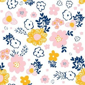 6" Pink Navy & Mustard Mod Yellow Floral Print