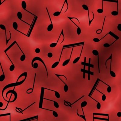 Scattered Music Notes on Red