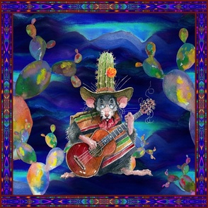 LARGE FRAMED MUSIC DESERT MICE GUITAR PLAYER AND CACTUS INDIGO NIGHT