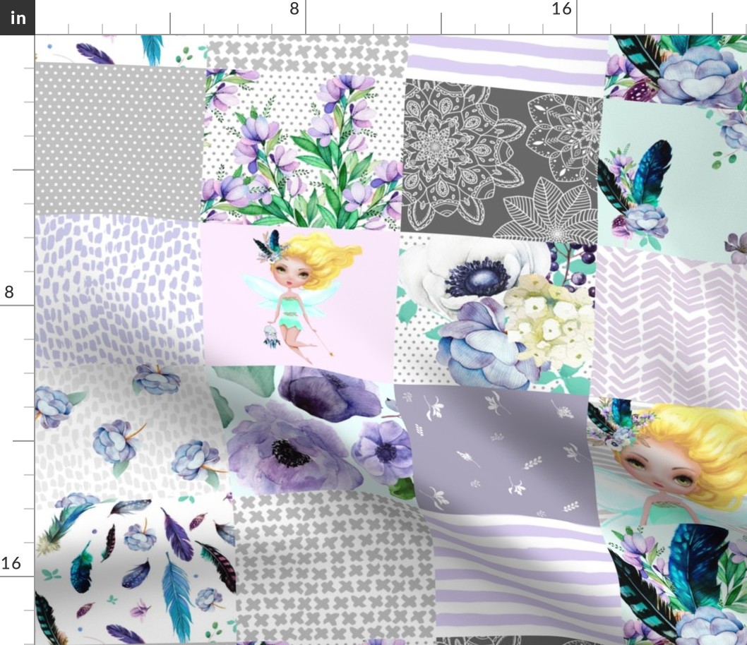 FAIRY / TEAL, AQUA, GREY & WHITE / WHOLE CLOTH / CHEATER QUILT  / VERSION 2 / Smaller Print  / MORE REPEATS