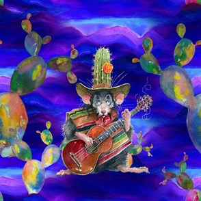 MUSIC DESERT MICE GUITAR PLAYER AND CACTUS PURPLE NIGHT