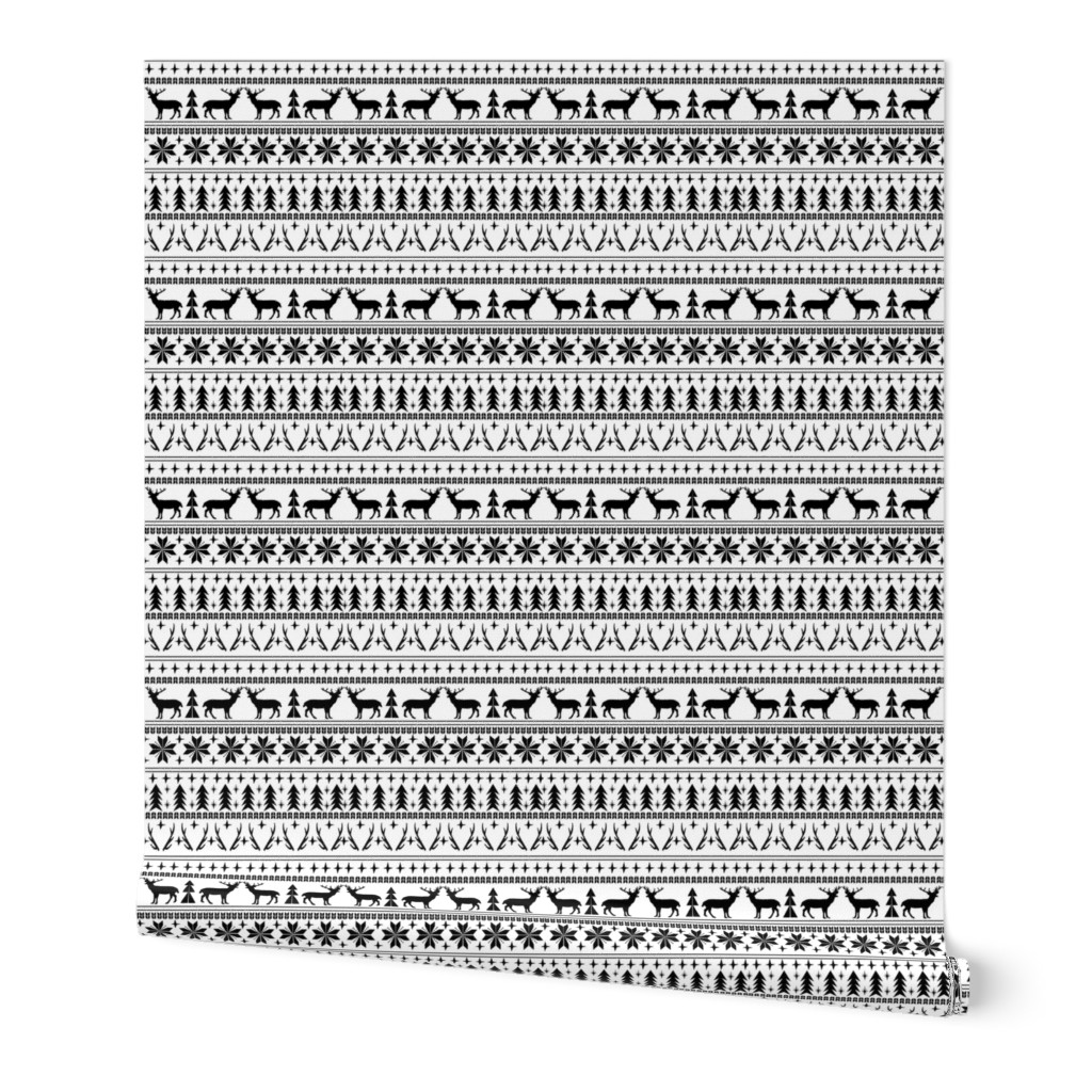 christmas deer fair isle traditional holiday fabric winter antlers black and white