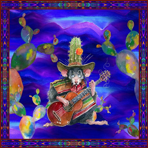 LARGE FRAMED MUSIC DESERT MICE GUITAR PLAYER AND CACTUS PURPLE NIGHT