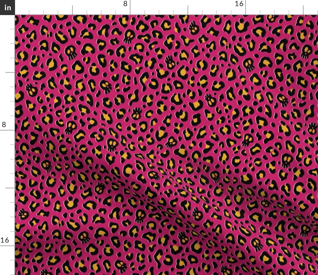 ★ SKULLS x LEOPARD ★ Hot Pink and Yellow - Medium-Small Scale / Collection : Leopard Spots variations – Punk Rock Animal Prints 3