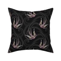 ★ SWALLOW TATTOO ★ Plum on Black, Large Scale / Collection : Swallows & Polka Dots – Rockabilly Prints