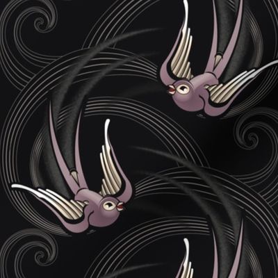 ★ SWALLOW TATTOO ★ Plum on Black, Large Scale / Collection : Swallows & Polka Dots – Rockabilly Prints