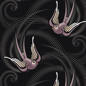 ★ SWALLOW TATTOO ★ Plum on Black, Large Scale / Collection : Swallows & Polka Dots – Rockabilly Prints