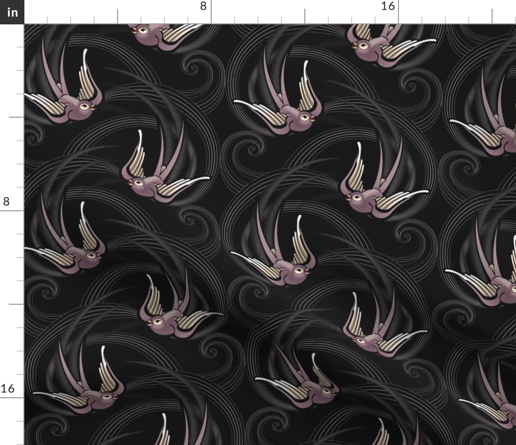 ★ SWALLOW TATTOO ★ Plum on Black, Large Scale / Collection : Swallows & Polka Dots – Rockabilly Prints
