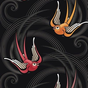 ★ SWALLOW TATTOO ★ Dark Burgundy + Garnet Red + Orange on Black, Large Scale / Collection : Swallows & Polka Dots – Rockabilly Prints