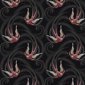 ★ SWALLOW TATTOO ★ Dark Burgundy on Black, Small Scale / Collection : Swallows & Polka Dots – Rockabilly Prints