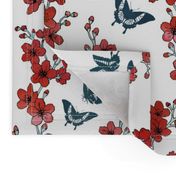 Sakura butterflies in red watercolor