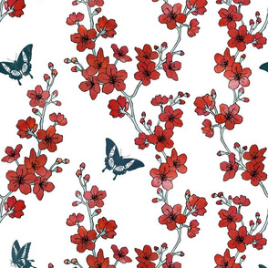 Sakura butterflies in red watercolor