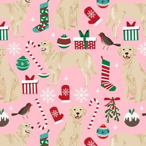 golden retriever dog fabric cute christmas dog design - pink