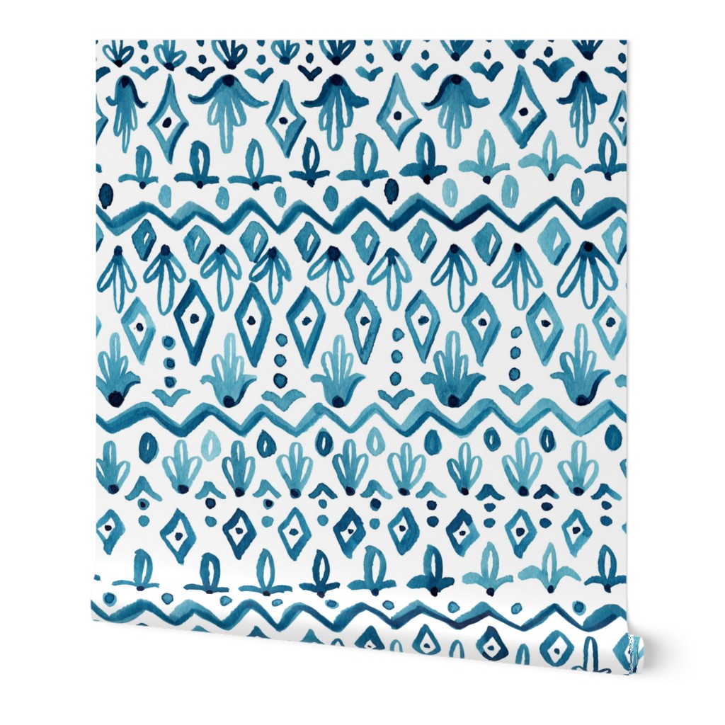 Mya - Watercolor Geometric White & Blue