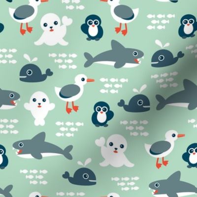 Sea life Animals Seal Whale Shark Penguin and albatross australian theme kids blue ocean print mint