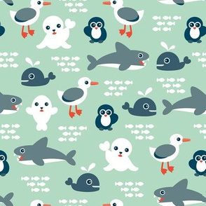 Sea life Animals Seal Whale Shark Penguin and albatross australian theme kids blue ocean print mint