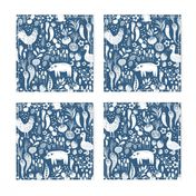 Farm Animals, Fruit and Vegetables Blue and White