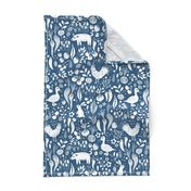 Farm Animals, Fruit and Vegetables Blue and White