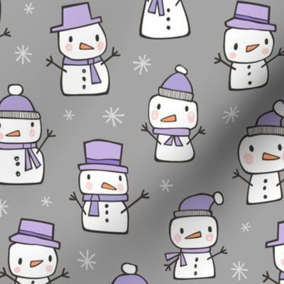 Winter Christmas Snowman & Snowflakes Lavender Purple on Grey
