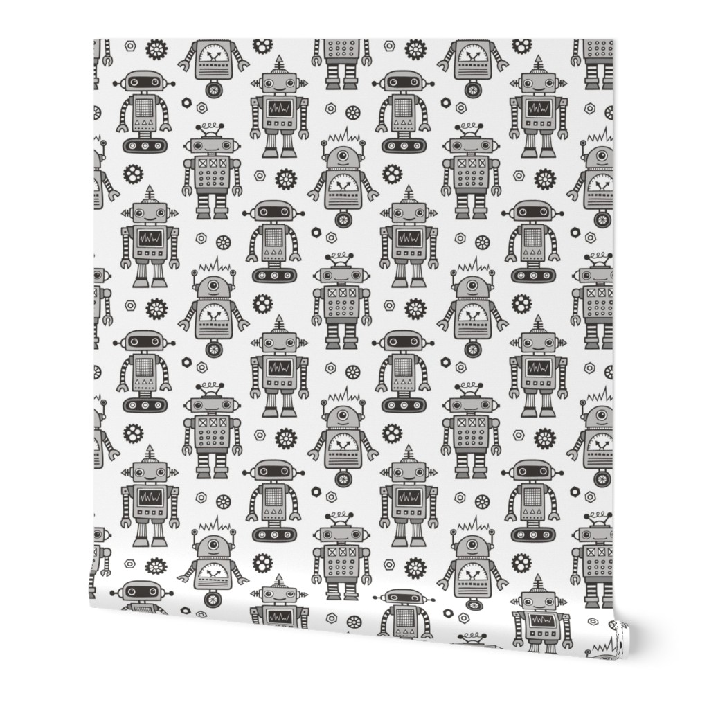 Retro Robots in Black & White Grey on White