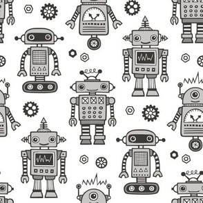 Retro Robots in Black & White Grey on White