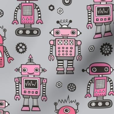 Retro Robots Pink on Grey