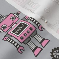 Retro Robots Pink on Grey