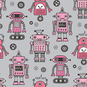 Retro Robots Pink on Grey