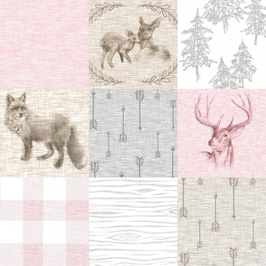 Woodland Quilt - Pink, Beige, Grey- Plaid, Fawn and Doe, Buck, Fox