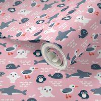 Sea life Animals Seal Whale Shark Penguin and albatross australian theme kids blue ocean print pink