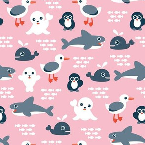 Sea life Animals Seal Whale Shark Penguin and albatross australian theme kids blue ocean print pink