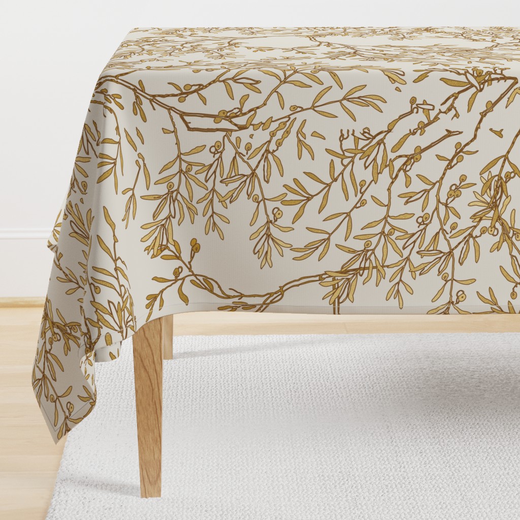 Gold branches on cream toile chinoiserie ivory wallpaper