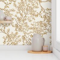 Gold branches on cream toile chinoiserie ivory wallpaper