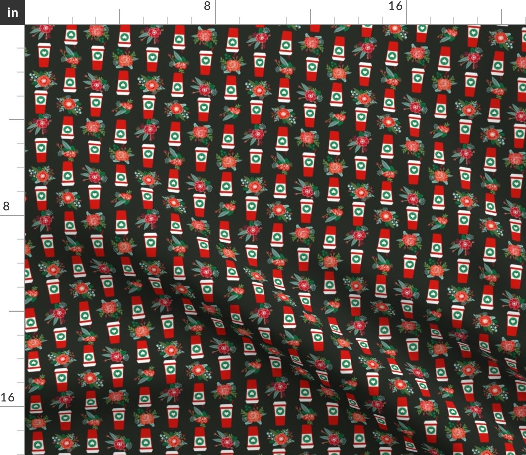 christmas coffees red cups flowers florals cute girls coffee fabric - multi directional