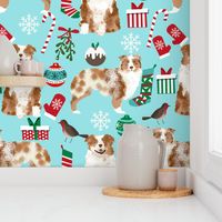 red merle aussie fabric - australian shepherd dog christmas fabric - light aqua