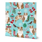 red merle aussie fabric - australian shepherd dog christmas fabric - light aqua